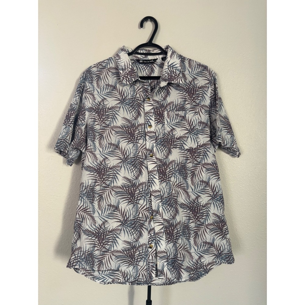 TravisMathew Mens Large White Palm Leaf Tropical Short Sleeve Button Down Shirt